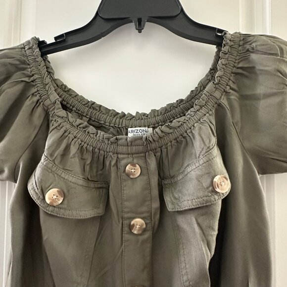 Arizona Jean Co. Womens Olive Green Off-The-Shoulder Rayon Blouse With Puff Slee - Picture 5 of 6